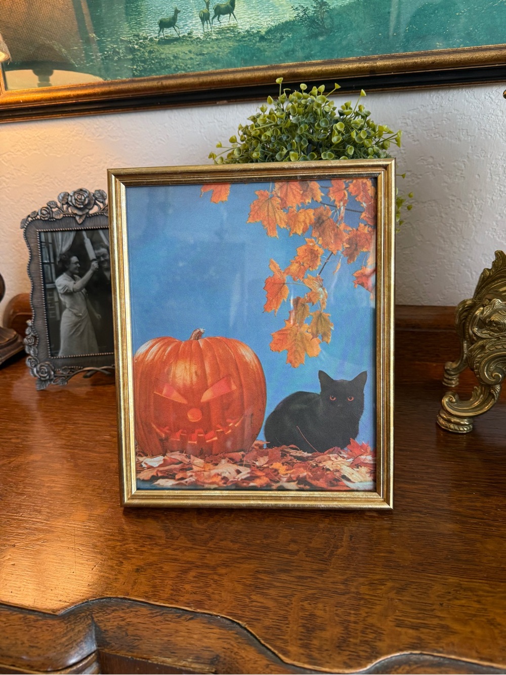 Vintage Gold Framed Autumn Pumpkin & Black Cat - Picture 3 of 11